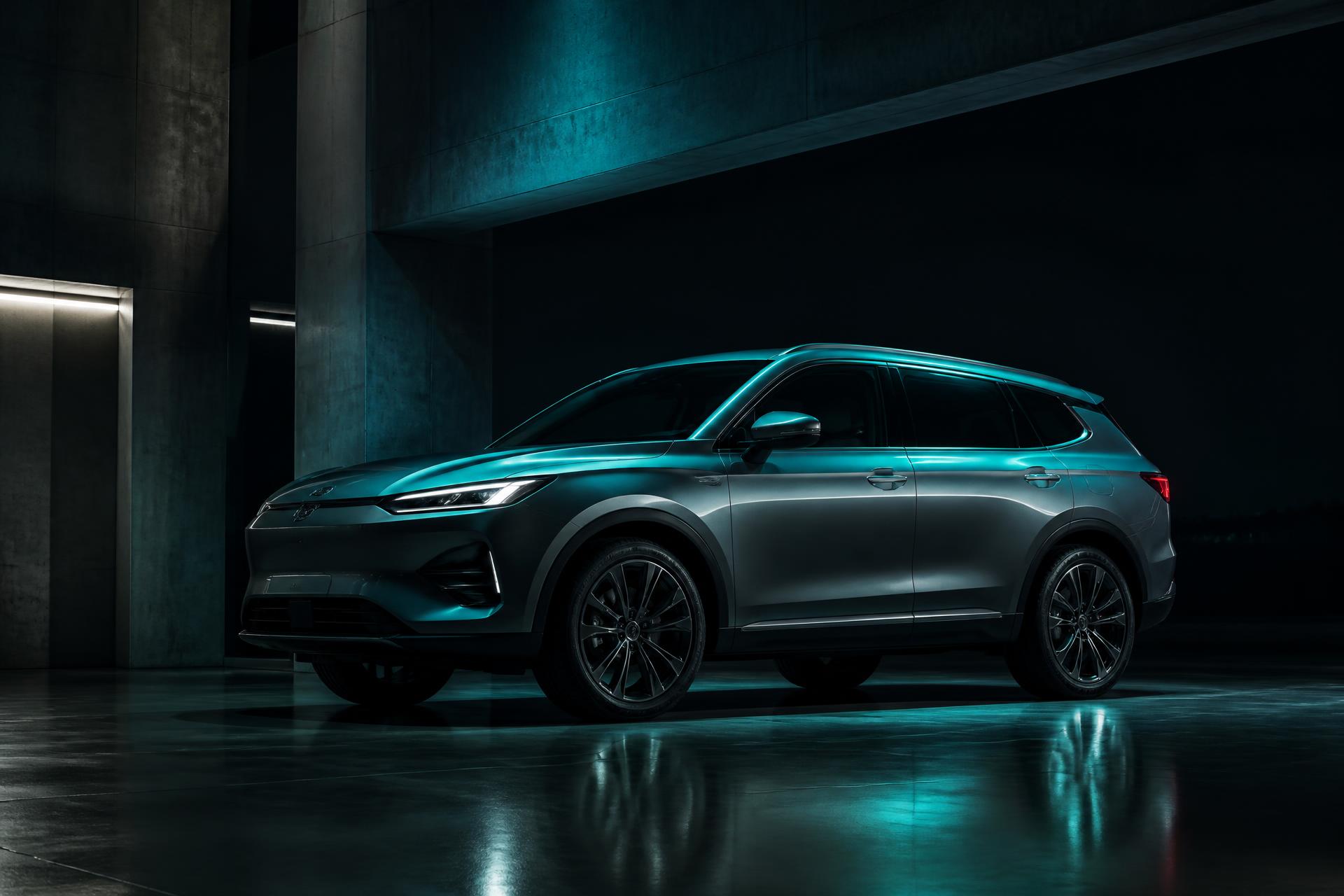 Modern SUV illuminated in a dark architectural showroom